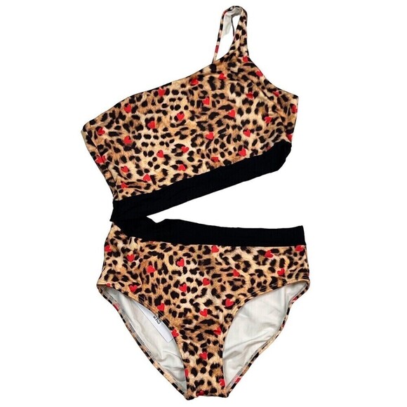 NWT Submarine Swim Girls Heart Cheetah One Shoulder Cutout Bathing Suit 14 - Picture 7 of 7